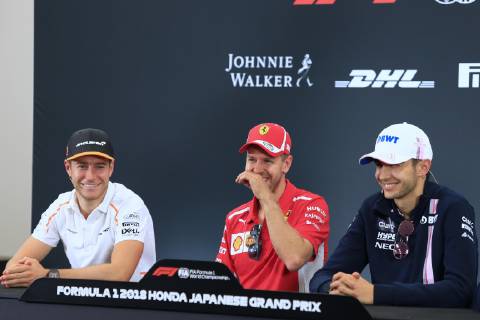 4th October 2018, Suzuka International Racing Course, Suzuka City, Japan; Formula One of Japan, driver arrivals and press conference PK Pressekonferenz McLaren, Stoffel Vandoorne, Scuderia Ferrari, Sebastian Vettel and Racing Point Force India, Esteban Ocon  ActionPlus12067943 Octane