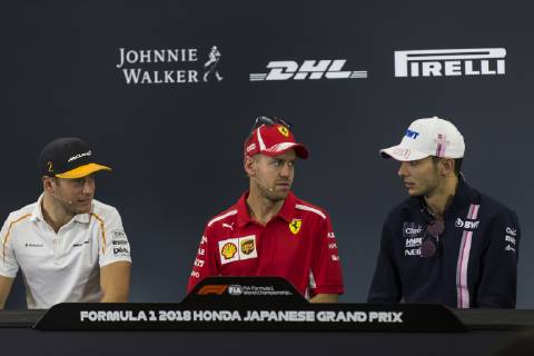 4th October 2018, Suzuka International Racing Course, Suzuka City, Japan; Formula One of Japan, driver arrivals and press conference PK Pressekonferenz Sebastian Vettel, Esteban Ocon and Stoffel Vandoorne  ActionPlus12067952 StephenxBlackberry