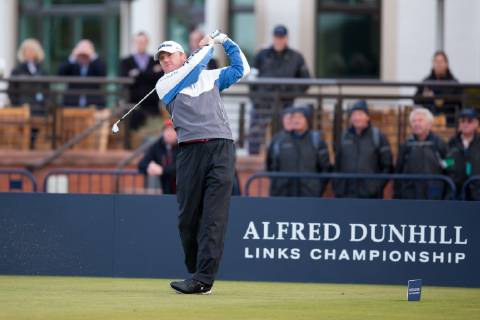 6th October 2018, Carnoustie Golf Links, Carnoustie, Scotland; Alfred Dunhill Links Championship, third round; Michael Hoey of Northern Ireland plays his shot from the tee on the first hole  ActionPlus12068449 DavidxYoung