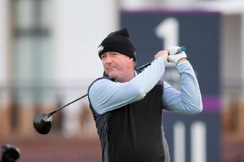 6th October 2018, Carnoustie Golf Links, Carnoustie, Scotland; Alfred Dunhill Links Championship, third round; Television personality Piers Morgan plays his shot from the tee on the first hole  ActionPlus12068450 DavidxYoung