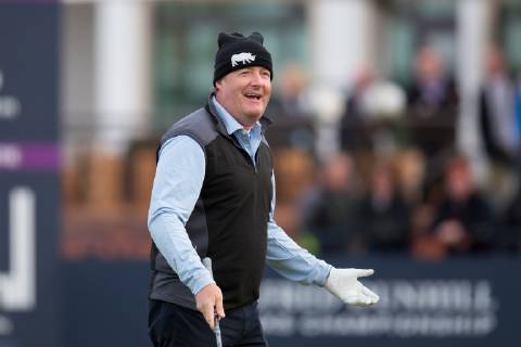 6th October 2018, Carnoustie Golf Links, Carnoustie, Scotland; Alfred Dunhill Links Championship, third round; Television personality Piers Morgan reacts after making a mess of his shot from the tee on the first hole  ActionPlus12068453 DavidxYoung