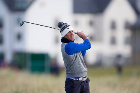 6th October 2018, Carnoustie Golf Links, Carnoustie, Scotland; Alfred Dunhill Links Championship, third round; Former England cricket international Michael Paul Vaughan plays his shot from the tee on the second hole  ActionPlus12068458 DavidxYoung