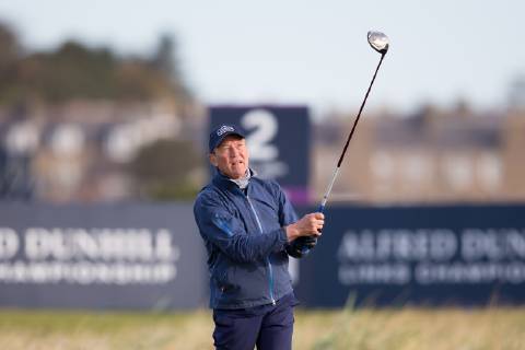 6th October 2018, Carnoustie Golf Links, Carnoustie, Scotland; Alfred Dunhill Links Championship, third round; Former South African rugby footballer Robert Louw plays his shot from the tee on the second hole  ActionPlus12068483 DavidxYoung