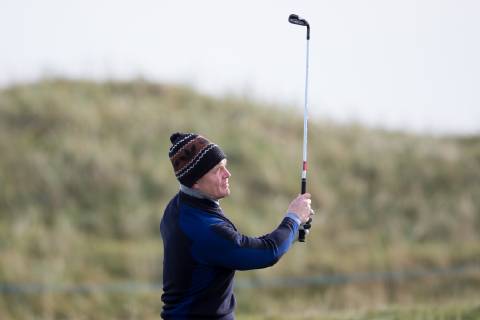 6th October 2018, Carnoustie Golf Links, Carnoustie, Scotland; Alfred Dunhill Links Championship, third round; Former Irish international rugby union player Brian O Driscoll plays his shot from the fairway on the second hole  ActionPlus12068494 DavidxYoung