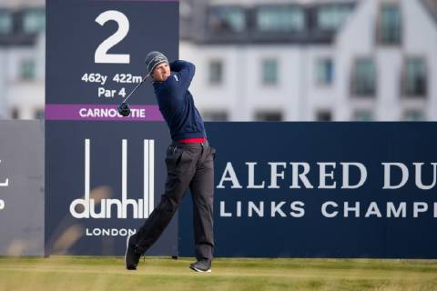 6th October 2018, Carnoustie Golf Links, Carnoustie, Scotland; Alfred Dunhill Links Championship, third round; Andrea Pavan of Italy plays his shot from the tee on the second hole  ActionPlus12068497 DavidxYoung