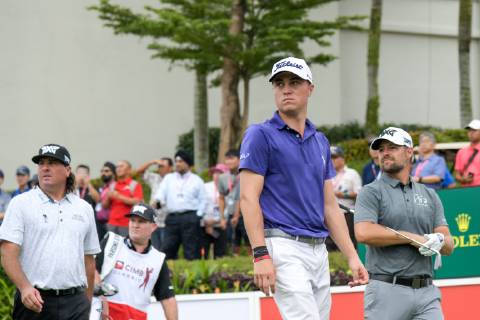 October 11, 2018 - Kuala Lumpur, Malaysia - Justin Thomas(C), Pat Perez(L) Ryan Moore(R) of the United States in action on first round of the CIMB Classic at TPC Kuala Lumpur on 11 October, 2018 in Kuala Lumpur, Malaysia CIMB Classic - Round One  - ZUMAn230 20181011_zaa_n230_138 Copyright: xChrisxJungx
