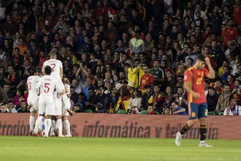 October 15, 2018 - Seville, Spain - Players of England celebrate after scoring 1-0 during the UEFA Nations League Group A4 soccer match between Spain and England at the Benito Villamarin Stadium Soccer 2018 - Spain vs England - ZUMAa142 20181015_zap_a142_004 Copyright: xDanielxGonzalezxAcunax