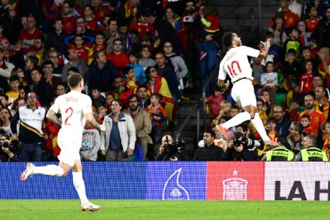 Spain v England UEFA Nations League Raheem Sterling of England celebrates scoring their first goal to make it Spain 0 England 1 during the UEFA Nations League match at the Estadio Benito Villamarin, Seville Content Not Available For UK Newspapers Copyright: xKristianxKanex FIL-12410-0018