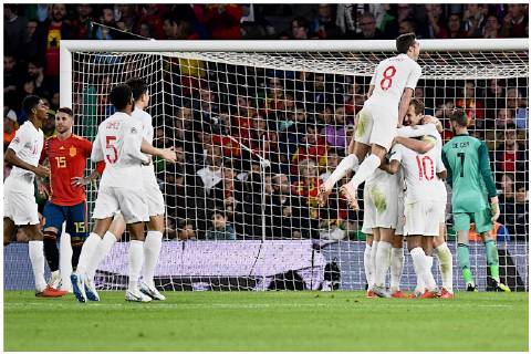 Spain v England UEFA Nations League Raheem Sterling of England celebrates scoring their third goal to make it Spain 0 England 3 during the UEFA Nations League match at the Estadio Benito Villamarin, Seville Content Not Available For UK Newspapers Copyright: xKristianxKanex FIL-12410-0023