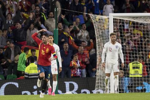October 15, 2018 - Seville, Spain - SERGIO RAMOS of Spain (L ) celebrates after scoring 2-3 during the UEFA Nations League Group A4 soccer match between Spain and England at the Benito Villamarin Stadium Soccer 2018 - Spain vs England - ZUMAa142 20181015_zap_a142_030 Copyright: xDanielxGonzalezxAcunax