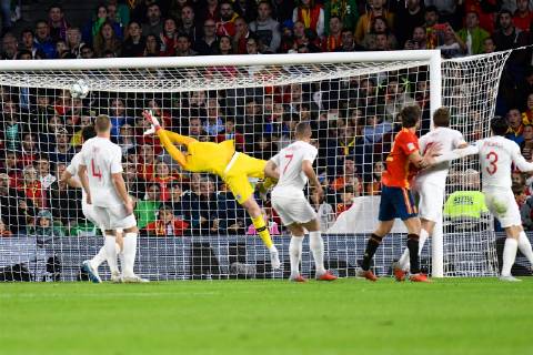Spain v England UEFA Nations League Jordan Pickford of England is beaten by the header from Paco Alcacer of Spain to make it Spain 1 England 2 during the UEFA Nations League match at the Estadio Benito Villamarin, Seville Content Not Available For UK Newspapers Copyright: xKristianxKanex FIL-12410-0047