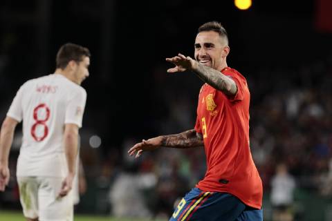 Spain s Paco Alcacer celebrates goal during UEFA Nations League 2019 match between Spain and England at Benito Villamarin stadium in Sevilla, Spain. October 15, 2018.  (20181015100200110)
