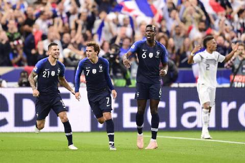 joie des joueurs de l equipe de France apres le but de Antoine Griezmann (France) FOOTBALL : France vs Allemagne - Ligue des Nations UEFA - St Denis - 16 10 2018 JBAutissier Panoramic 
