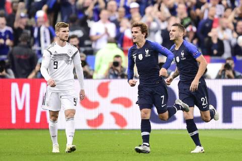 joie des joueurs de l equipe de France apres le but de Antoine Griezmann (France) FOOTBALL : France vs Allemagne - Ligue des Nations UEFA - St Denis - 16 10 2018 JBAutissier Panoramic 