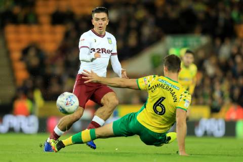 23rd October 2018, Carrow Road, Norwich, England; EFL Championship football, Norwich City versus Aston Villa; Christoph Zimmermann of Norwich City challenges Jack Grealish of Aston Villa  ActionPlus12072526 ShaunxBrooks