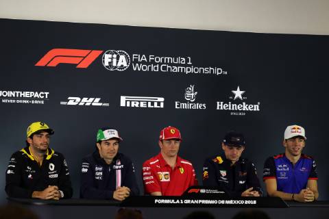 Photo4 LaPresse 25 10 2018 Mexico City,Mexico Grand Prix Formula One Mexico 2018 In the pic press conference PK Pressekonferenz Carlos Sainz Jr (ESP) Renault Sport F1 Team RS18 Sergio Perez (MEX) Racing Point Force India F1 VJM11 Kimi Raikkonen (FIN) Scuderia Ferrari SF71H Max Verstappen (NED) Red Bull Racing RB14 Pierre Gasly (FRA) Scuderia Toro Rosso STR13  Copyright: xPhoto4 LaPressex
