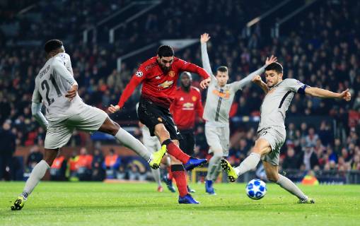 Manchester United ManU s Marouane Fellaini scores a late goal to make it 1-0 during the UEFA Champions League match at Old Trafford, Manchester. Picture date 27th November 2018. Picture credit should read: Matt McNulty Sportimage EDITORIAL USE ONLY. No use with unauthorised audio, video, data, fixture lists, club league logos or live services. Online in-match use limited to 120 images, no video emulation. No use in betting, games or single club league player publications.