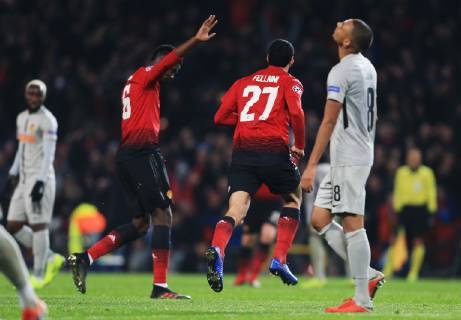 Manchester United ManU s Marouane Fellaini celebrates after scoring his teams first goal during the UEFA Champions League match at Old Trafford, Manchester. Picture date 27th November 2018. Picture credit should read: Matt McNulty Sportimage EDITORIAL USE ONLY. No use with unauthorised audio, video, data, fixture lists, club league logos or live services. Online in-match use limited to 120 images, no video emulation. No use in betting, games or single club league player publications.