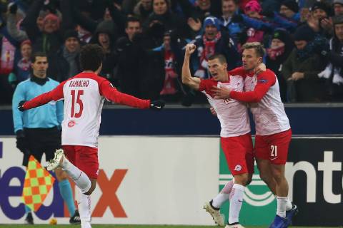 SOCCER - UEFA EL, RBS vs RB Leipzig SALZBURG,AUSTRIA,29.NOV.18 - SOCCER - UEFA Europa League, group stage, Red Bull Salzburg vs RasenBallsport Leipzig. Image shows the rejoicing of Stefan Lainer and Fredrik Gulbrandsen (RBS). GEPAxpictures xMathiasxMandl