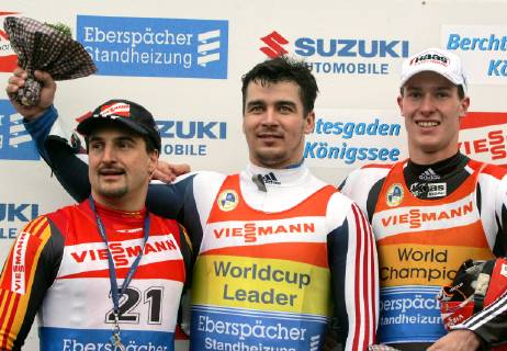 Georg Hackl Albert Demtschenko Russia and David Moeller from left during the award ceremony at the Mens Luge World Cup in Koenigssee on Thursday 6 Jan 2005 Demtschenko won ahead of the two Germans Hackl and Moeller Eckehard Schulz German Georg Hackl Albert Demtschenko from Russia and German David Moeller from left during the winner ceremony of the men s Luge World Cup in Koenigssee southern Germany Thursday 6 Jan 2005 Eckehard Schulz KOENIGSSEE DEU