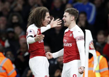 Arsenal s Aaron Ramsey celebrates scoring his sides third goal during the Premier League match at the Emirates Stadium, London.. Picture date: 1st January 2019. Picture credit should read: David Klein Sportimage EDITORIAL USE ONLY. No use with unauthorised audio, video, data, fixture lists, club league logos or live services. Online in-match use limited to 120 images, no video emulation. No use in betting, games or single club league player publications. _K2I2559