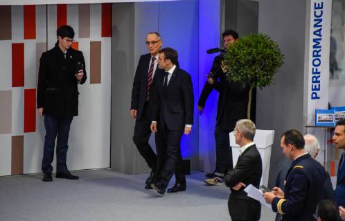 Emmanuel Macron ( president de la Republique ) a l inauguration de la Maison du Handball - Joel Delplanque ( president FFHB ) NEWS : Emmanuel Macron a l inauguration de la Maison du Handball - Creteil - 09 01 2019 FedericoPestellini Panoramic