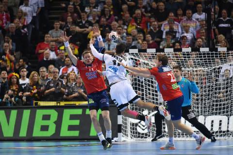Fabian Wiede Germany left in throw Magnus Gullerud Norway right Goran Johannessen Norway Germany Norway Norway IHF Handball World Championship 2019 Handball World Championship 2019 Men Men Men Handball men Handball Germany Germany Semifinal Game 1 half final Hamburg 25 1 2019