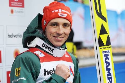 Nordic combined jumping from the Großschanze Nordic Ski World Championship in Seefeld Austria 22 02 2019 Eric Frenzel Germany cheers after jumping from the Großschanze in the Nordic combined competition at the Nordic Ski World Championship in Seefeld Austria Inssbruck Tirol Austria Bergisel ski jump