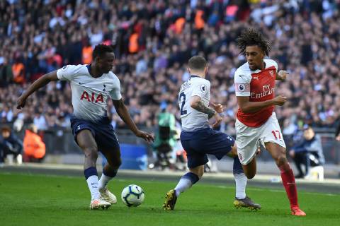 Tottenham Hotspur v Arsenal Premier League Alex Iwobi of Arsenal loses the ball to Victor Wanyama and Kieran Trippier of Tottenham Hotspur during the Premier League match at Wembley Stadium, London Content Not Available For UK Newspapers Copyright: xMartynxHaworthx FIL-12950-0085