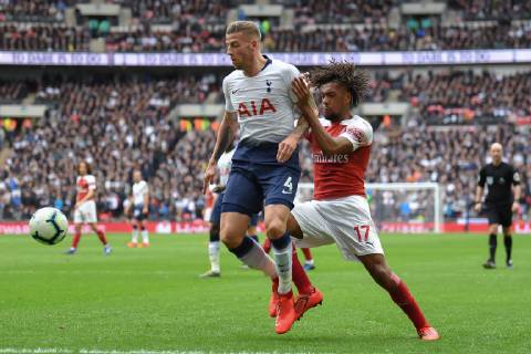 Tottenham Hotspur v Arsenal Premier League Alex Iwobi of Arsenal and Toby Alderweireld of Tottenham Hotspur during the Premier League match at Wembley Stadium, London Content Not Available For UK Newspapers Copyright: xMartynxHaworthx FIL-12950-0089