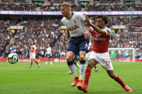 Tottenham Hotspur v Arsenal Premier League Alex Iwobi of Arsenal and Toby Alderweireld of Tottenham Hotspur during the Premier League match at Wembley Stadium, London Content Not Available For UK Newspapers Copyright: xMartynxHaworthx FIL-12950-0090
