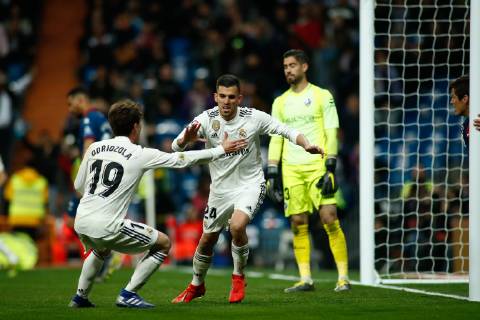 March 31, 2019 - Madrid, MADRID, SPAIN - Dani Ceballos of Real Madrid celebrates a goal during the spanish championship, La Liga, football match played between Real Madrid and SD Huesca at Santiago Bernabeu Stadium in Madrid, Spain, on March 31, 2019. Soccer: La Liga - Real Madrid v Huesca - ZUMAa181 20190331_zaa_a181_118 Copyright: xAFP7x
