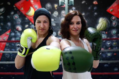 April 1, 2019 - Madrid, MADRID, SPAIN - MADRID, SPAIN - APRIL 01: The PP candidate to the presidency of Madrid, Isabel Diaz Ayuso (R), visits the female European boxing Champion, Miriam Gutierrez (L), on April 01, 2019 in Madrid, Spain. BOXING - POLITICAL VISITS TO MIRIAM GURIERREZ - ZUMAa181 90418804st Copyright: xAFP7x