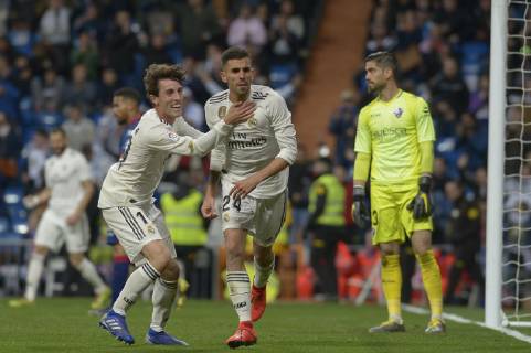March 31, 2019 - Madrid, Madrid, Spain - Dani Ceballos and Odriozola of Real Madrid celebrate after the second goal during a match between Real Madrid vs SD Huesca for La Copa del Rey at Santiago Bernabeu Stadium on March 31, 2019 in Madrid, Spain. Real Madrid CF v SD Huesca - La Liga  - ZUMAn230 20190331_zaa_n230_980 Copyright: xPatricioxRealpex