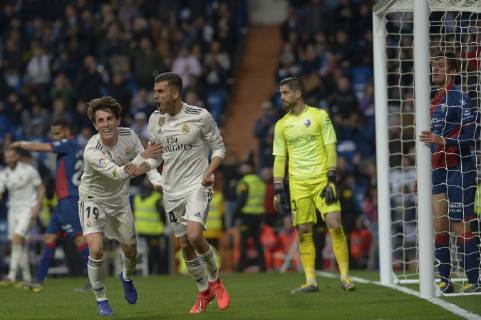 March 31, 2019 - Madrid, Madrid, Spain - Dani Ceballos and Odriozola of Real Madrid celebrate after the second goal during a match between Real Madrid vs SD Huesca for La Copa del Rey at Santiago Bernabeu Stadium on March 31, 2019 in Madrid, Spain. Real Madrid CF v SD Huesca - La Liga  - ZUMAn230 20190331_zaa_n230_982 Copyright: xPatricioxRealpex