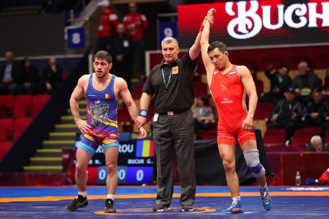 Wrestling European Championships 2019 08.04.2019 Bucharest Freestyle Day One 65kg Freestyle Nachyn Sergeevitch KUULAR red RUS vs George BUCUR blue ROU