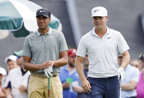 Tony Finau and Bryson Dechambeau stand on the first Hole tee box at practice on the Tuesday before the 2019 Masters Tournament at Augusta National Golf Club in Augusta, Georgia, on April 9, 2019.  AUG20190409116 JOHNxANGELILLO