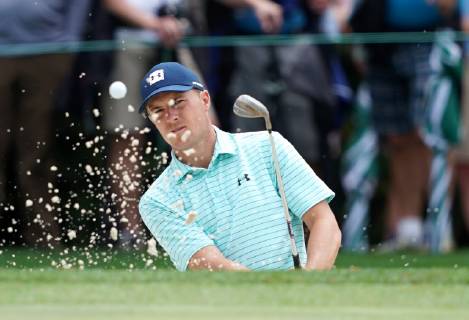 Jordan Spieth hits from a bunker on the 4th hole during a practice round before the 2019 Masters Tournament at Augusta National Golf Club in Augusta, Georgia, on April 9, 2019.  AUG20190409302 KEVINxDIETSCH