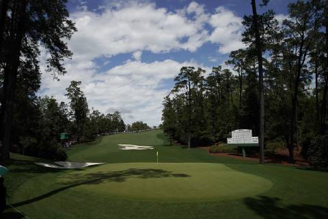 Shadows fall on the 10th green at practice on the Tuesday before the 2019 Masters Tournament at Augusta National Golf Club in Augusta, Georgia, on April 9, 2019.  AUG20190409120 JOHNxANGELILLO