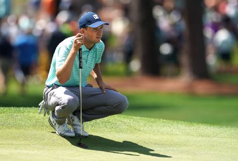Jordan Spieth lines up a putt on the 7th green during a practice round before the 2019 Masters Tournament at Augusta National Golf Club in Augusta, Georgia, on April 9, 2019.  AUG20190409306 KEVINxDIETSCH