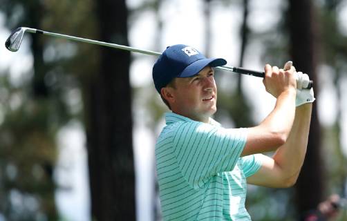 Jordan Spieth watches his hit off the 3rd tee during a practice round before the 2019 Masters Tournament at Augusta National Golf Club in Augusta, Georgia, on April 9, 2019.  AUG20190409309 KEVINxDIETSCH