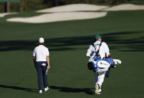 Tommy Fleetwood of the United Kingdom walks to his tee ball at practice on the Wednesday before the 2019 Masters Tournament at Augusta National Golf Club in Augusta, Georgia, on April 10, 2019.  AUG20190410102 JOHNxANGELILLO