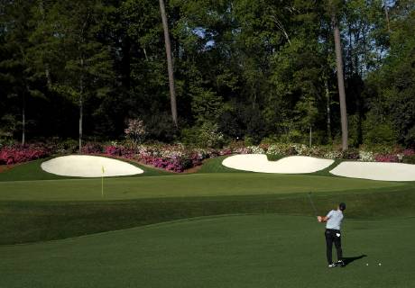Francesco Molinari of Italy hits golf balls to the 13th green at practice on the Wednesday before the 2019 Masters Tournament at Augusta National Golf Club in Augusta, Georgia, on April 10, 2019.  AUG20190410114 JOHNxANGELILLO