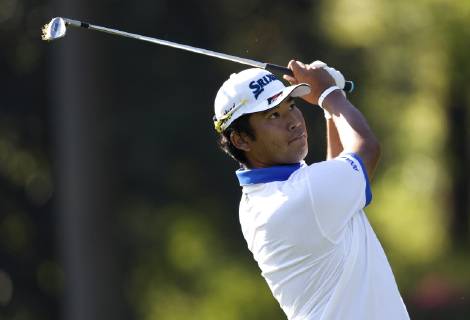Hideki Matsuyama of Japan hits a ball to the 13th green at practice on the Wednesday before the 2019 Masters Tournament at Augusta National Golf Club in Augusta, Georgia, on April 10, 2019.  AUG20190410109 JOHNxANGELILLO