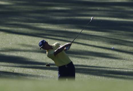 Billy Horschel hits a shot on the 13th hole fairway at practice on the Wednesday before the 2019 Masters Tournament at Augusta National Golf Club in Augusta, Georgia, on April 10, 2019.  AUG20190410112 JOHNxANGELILLO