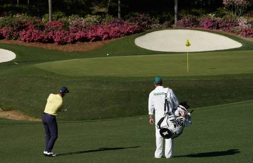 Billy Horschel hits a pitch shot to the 13th green at practice on the Wednesday before the 2019 Masters Tournament at Augusta National Golf Club in Augusta, Georgia, on April 10, 2019.  AUG20190410113 JOHNxANGELILLO