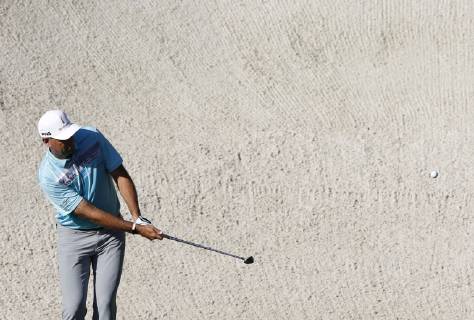 Stewart Cink hits out of a bunker to the 13th green at practice on the Wednesday before the 2019 Masters Tournament at Augusta National Golf Club in Augusta, Georgia, on April 10, 2019.  AUG20190410119 JOHNxANGELILLO