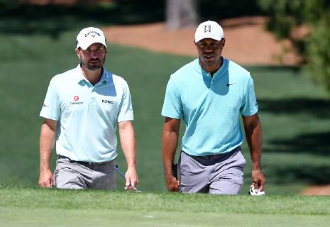 Tiger Woods and Kevin Kisner walk to the 7th green at practice on the Wednesday before the 2019 Masters Tournament at Augusta National Golf Club in Augusta, Georgia, on April 10, 2019.  AUG20190410907 KEVINxDIETSCH