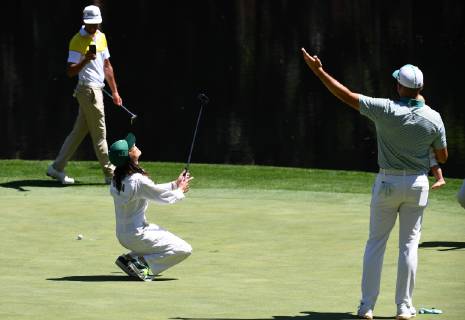 Sergio Garcia of Spain reacts after a putt by Angela Akins Garcia at the Par 3 Contest on the Wednesday before the 2019 Masters Tournament at Augusta National Golf Club in Augusta, Georgia, on April 10, 2019.  AUG20190410915 KEVINxDIETSCH