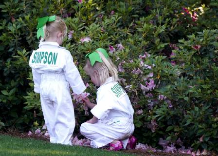 Daughters of Webb Simpson play in the Azalea at the Par 3 Contest on the Wednesday before the 2019 Masters Tournament at Augusta National Golf Club in Augusta, Georgia, on April 10, 2019.  AUG20190410734 JOHNxANGELILLO